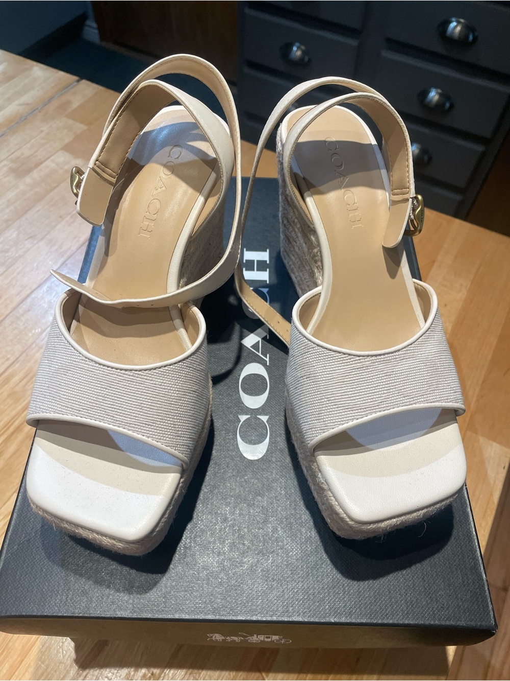Coach Cream Canvas Espadrille Wedge Sandals